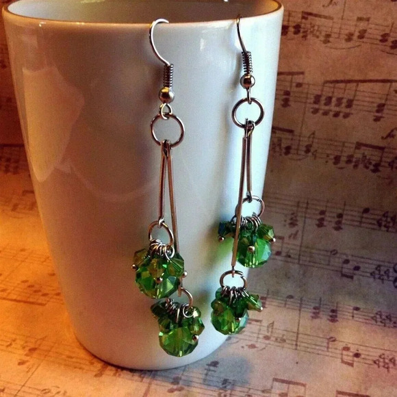 Hand Crafted Green Faceted Czech Crystal 80mm Long Double Dangle Earrings - Picture 1 of 4